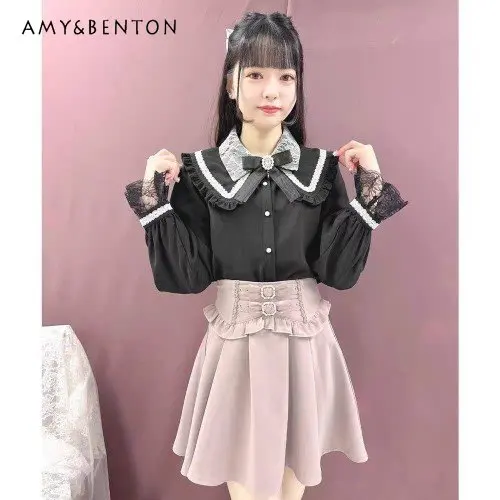 Japanese Mine Lolita Mini Skirt Women Double Bow Organza Short Skirt Female Spring Summer Kawaii Rojita Skirt