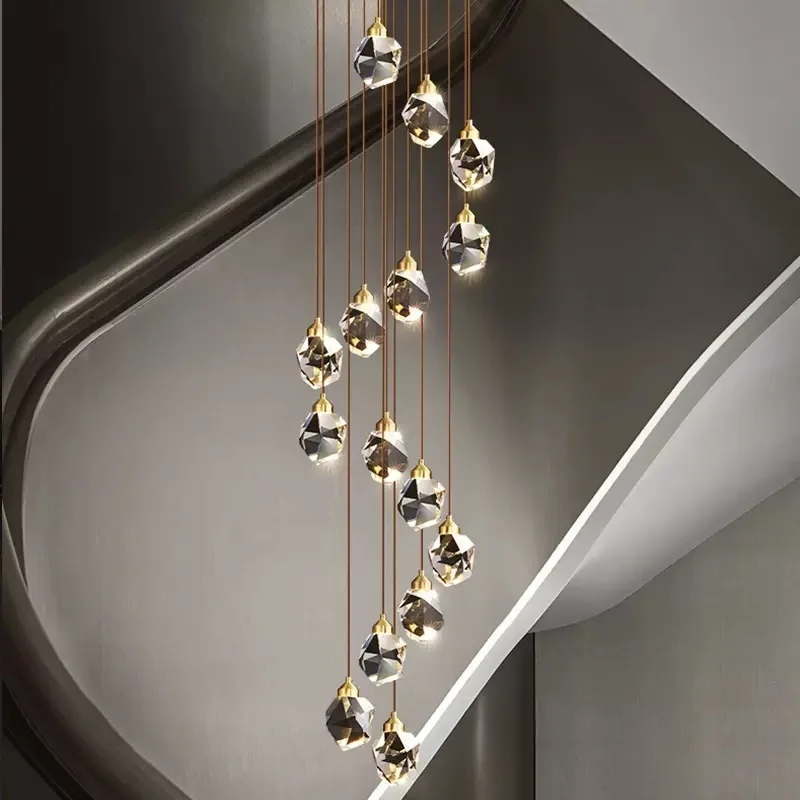 Duplex building large chandelier loft staircase chandelier villa apartment modern simple crystal light luxury long chandelier