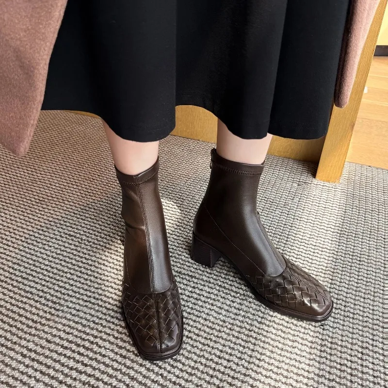 2025 Fashion Women Shoes Genuine Leather Short Boots Square Toe Chunky Heel Winter Stretch Modern Women Boots Solid High Heels
