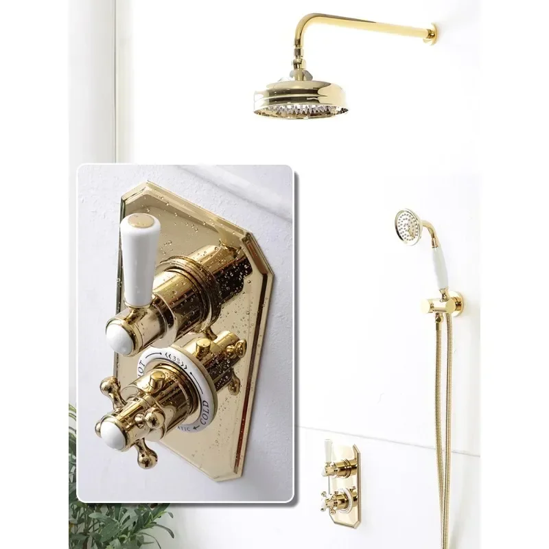 Constant temperature set, all-copper zirconium gold ceramic handle, retro embedded, concealed into the wall