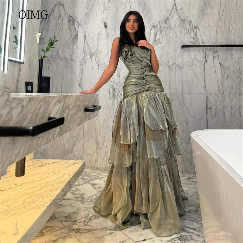 

OIMG Elegant Strapless A Line Prom Gowns Backless Ruffled Tiered Party Gown Shiny Floor Length Evening Dress Customized