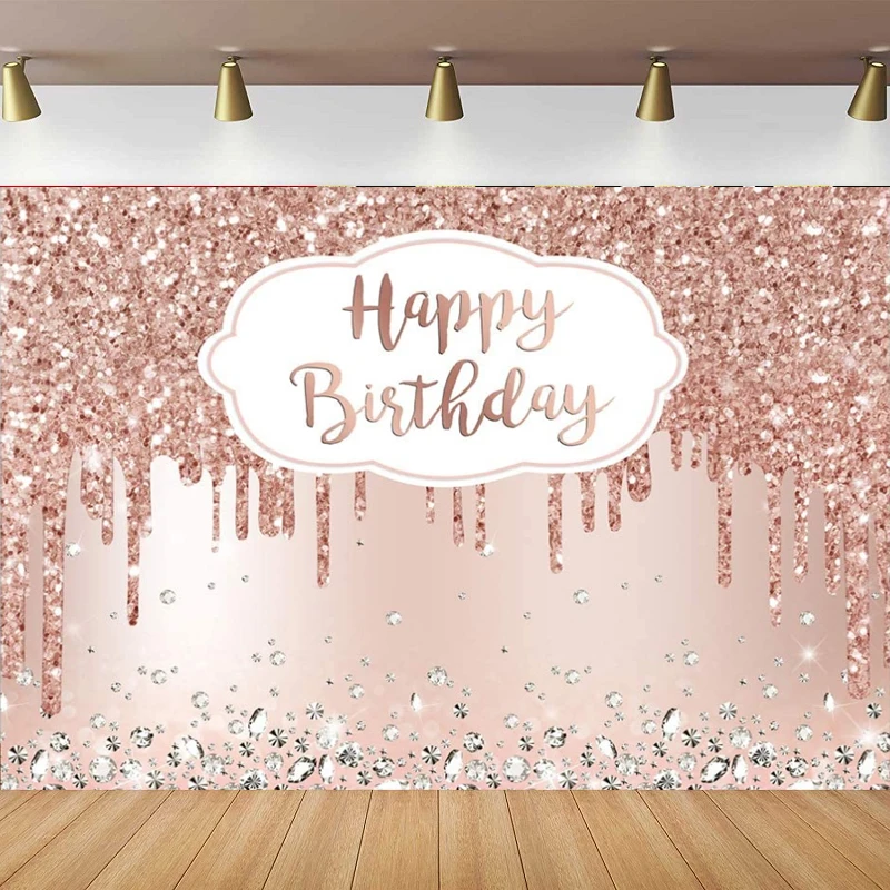 

Pink Rose Golden Photography Backdrop Glitter Diamonds Background Girl Sweet 16 18th 21th Birthday Party Cake Table Decor Poster