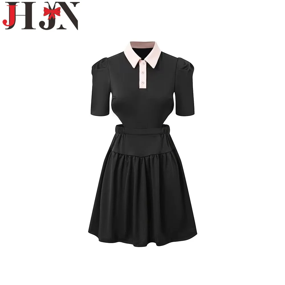 JHJN Casual Women Dress Black Hole Frock Patchwork Knee Length Girl Vestido Slim Fit Turn-Down Collar Tops Pleated Skirt Party