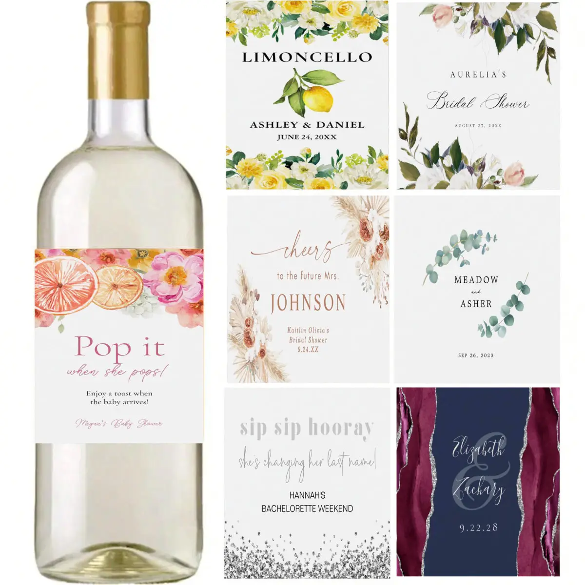 Etiquetas de vino personalizadas para cumpleaños, vacaciones o regalos de empresa, que pueden incluyen el nombre de la receta y las bendiciones.