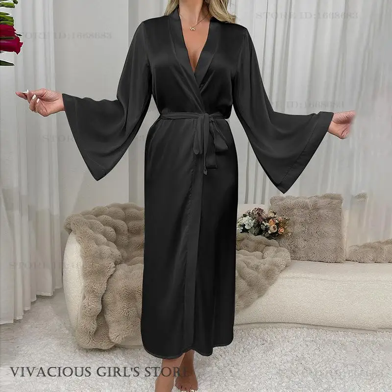 Primavera Autunno Donna Abito lungo Kimono Abito Accappatoio Sexy Raso di seta Indumenti da notte Camicia da notte Allentato Casual Abito da casa Abbigliamento da salotto