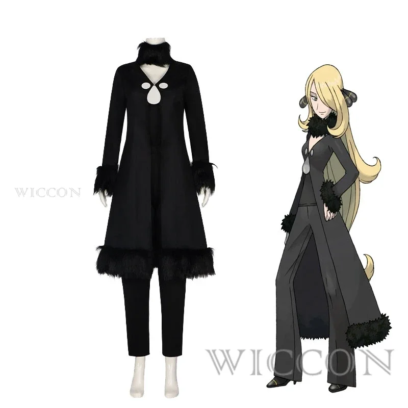 Sun and Moon Cynthia Cosplay Costume Halloween Christmas Party Uniform Suit Black Coat Tops And Pants Shirona Full Set Outfit