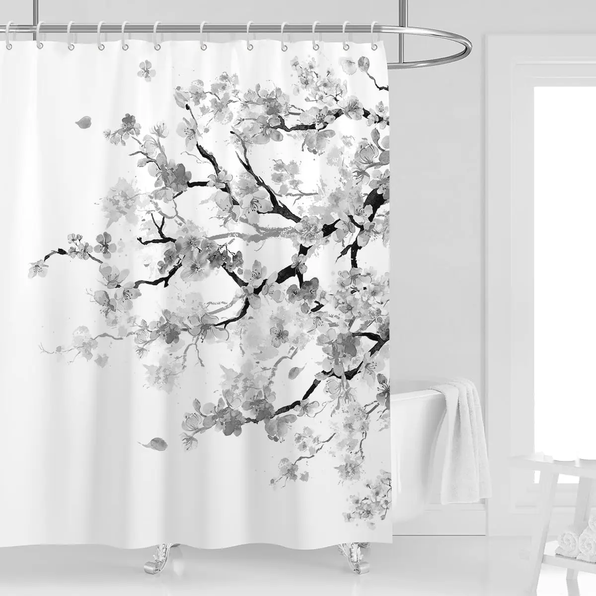 

Black White Cherry Blossom Shower Curtain Ink Art Floral Branch Design Minimalist Style Waterproof Fabric Zen Bathroom Decor