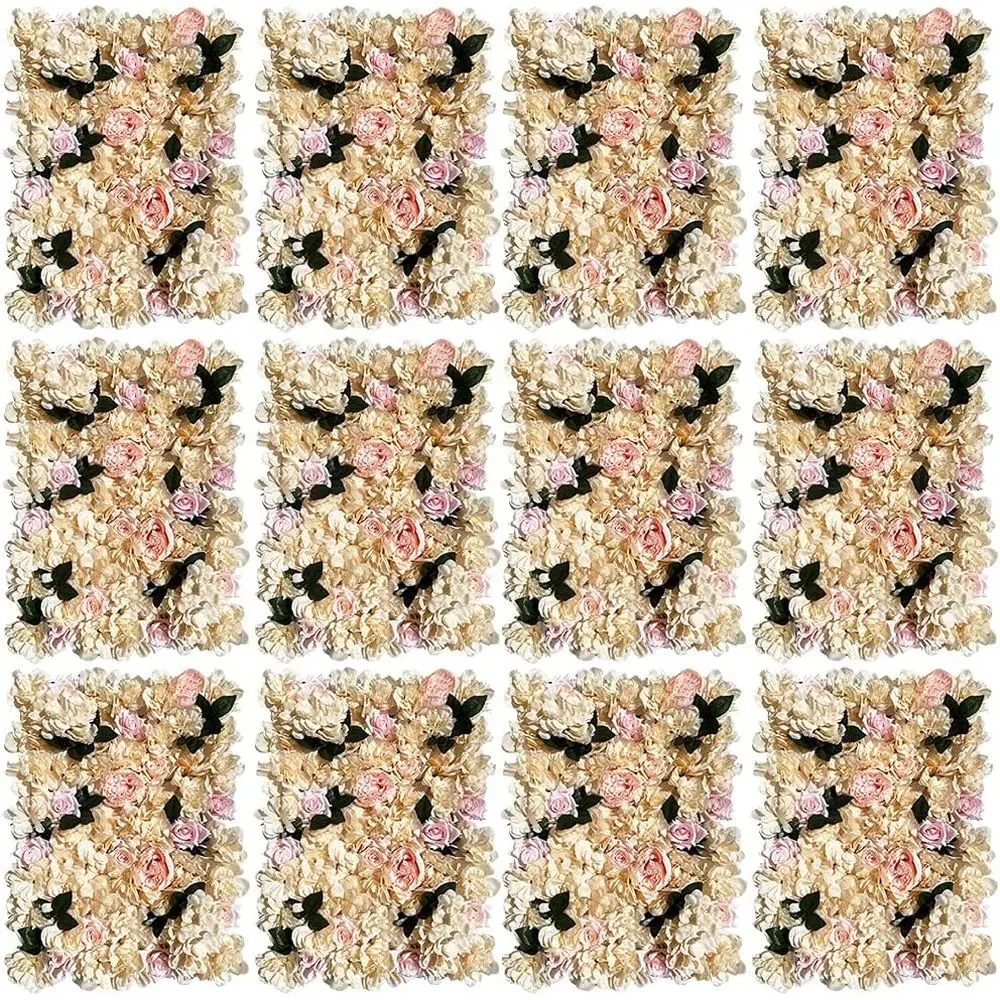 

Set of 12 Artificial Lower Wall Panels, 24 x 16, Khaki, with Hydrangea and Rose for Wedding and Party Backdrop Decor