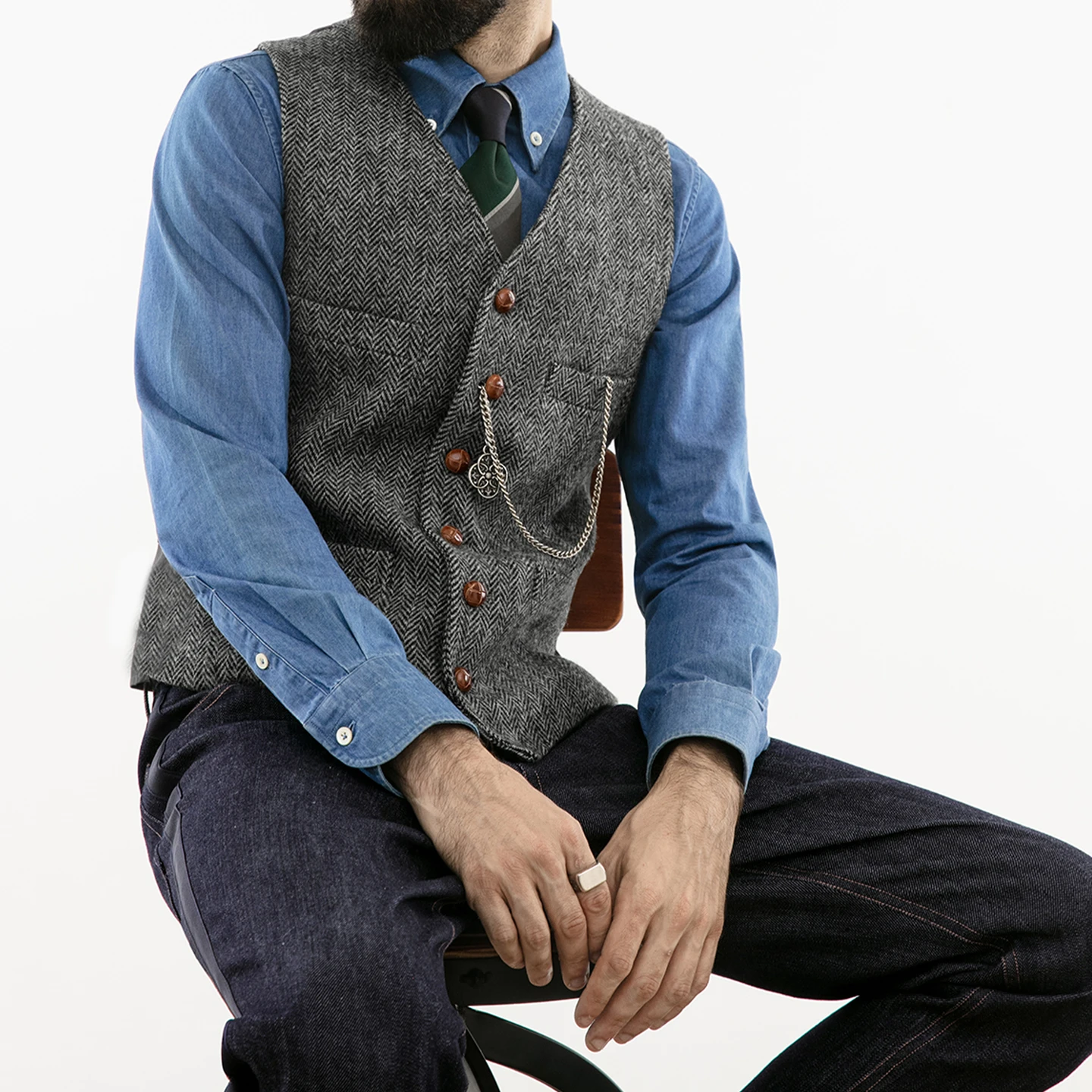 Autumn and Winter High-End Retro Herringbone Wool Tweed Vest British Gentleman Slim Fit Men's Vest