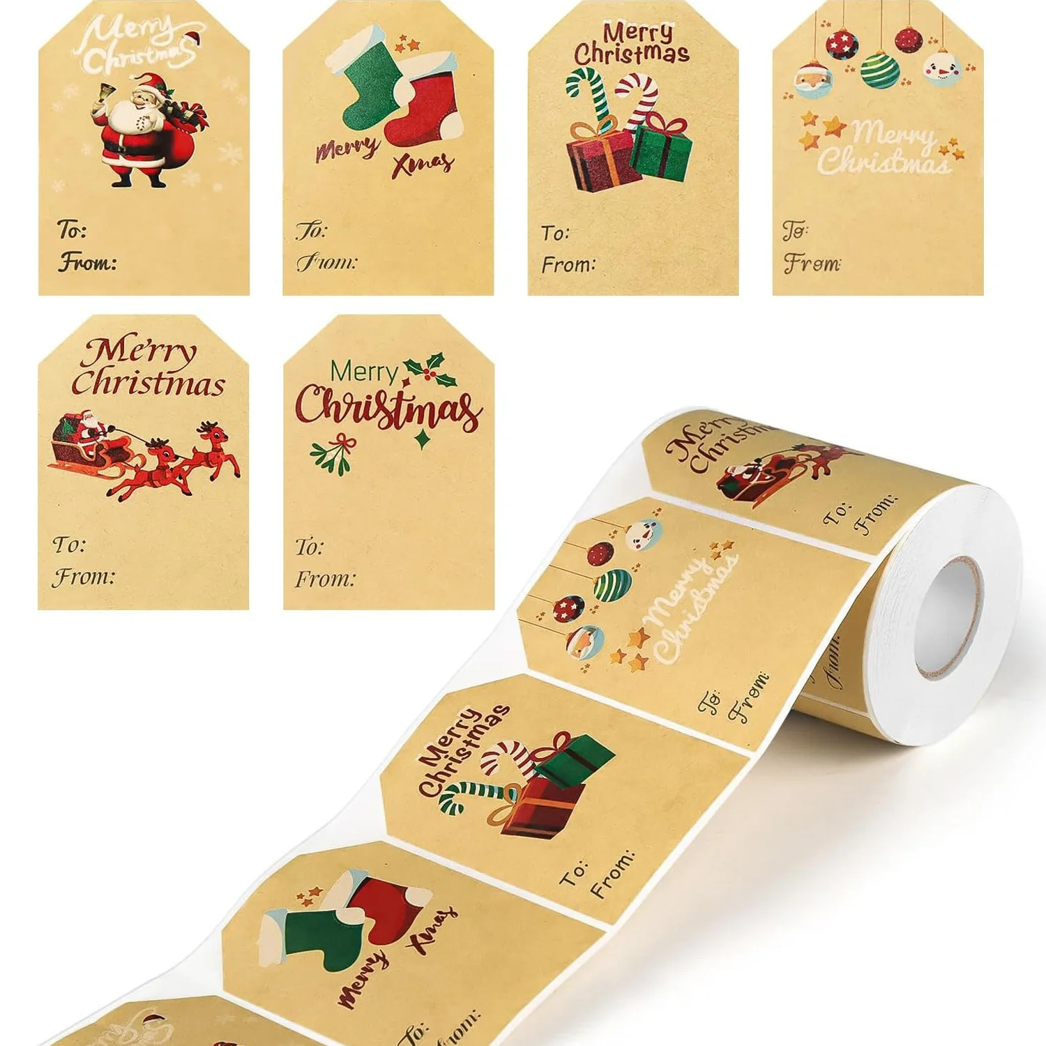 300Pcs Kraft Christmas Name Tags Stickers Self Adhesive Gift Writable Decorative For Present Party Bags Boxes Envelopes Holiday