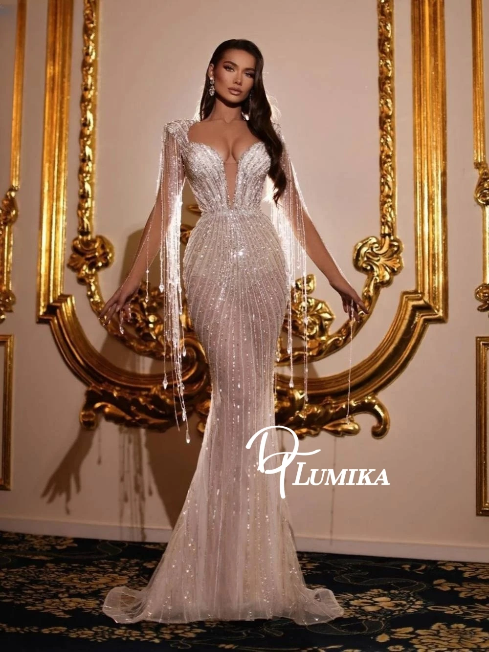 

Exquisite Crystal Tassel Cape Sleeve Mermaid Wedding Dress Plunging V Neck Sheer Beaded Bridal Gown Customized Evening Party