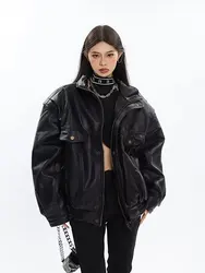 Blouson aviateur en cuir PU pour femme, vêtements d'extérieur zippés, noir, coupe-vent, luxe, moto, printemps, automne