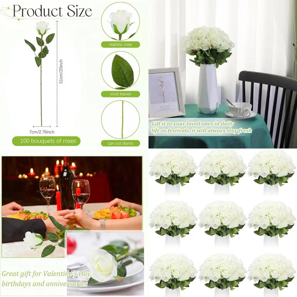 

100 искусственных роз кремово-белого цвета на длинных стеблях для букетов, центральных элементов декора стола или ваз — идеально подходят для свадеб и домашнего декора
