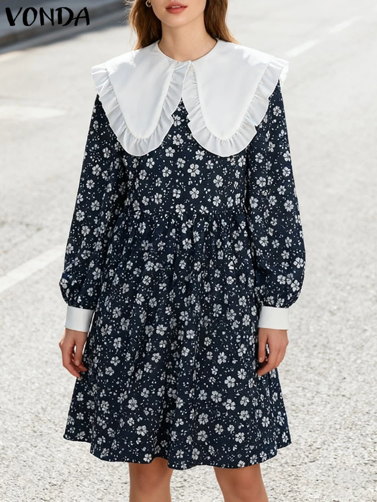 2025 VONDA mode femmes Mini robes bohème imprimé fleuri Robe courte automne à manches longues col claudine fête Robe de vacances