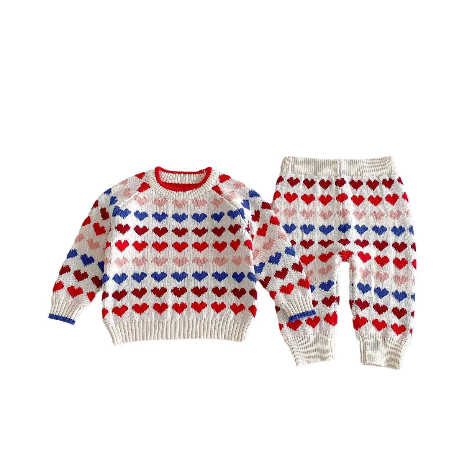 2024 Autumn New Children Colorful Heart Knitted Set Boys Girls Sweater Knitwear + Pants 2pcs Suit Kids Fashion Casual Outfits