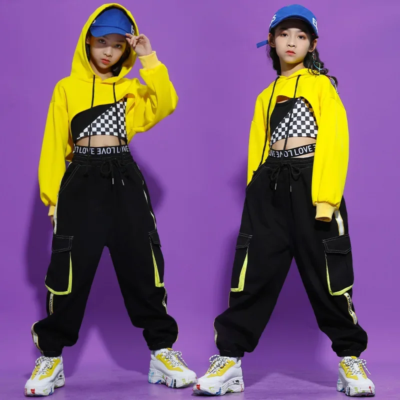 Tops cortos amarillos para niñas, pantalones Cargo negros, ropa de Hip Hop, traje de actuación de baile moderno, Rave, Kpop, traje de baile de Jazz para niños