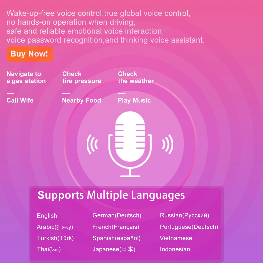 

For Android Voice Control English Portuguese Spanish German Japanese Vietnamese French Thai Arabic Vietnamese Indonesian Russian