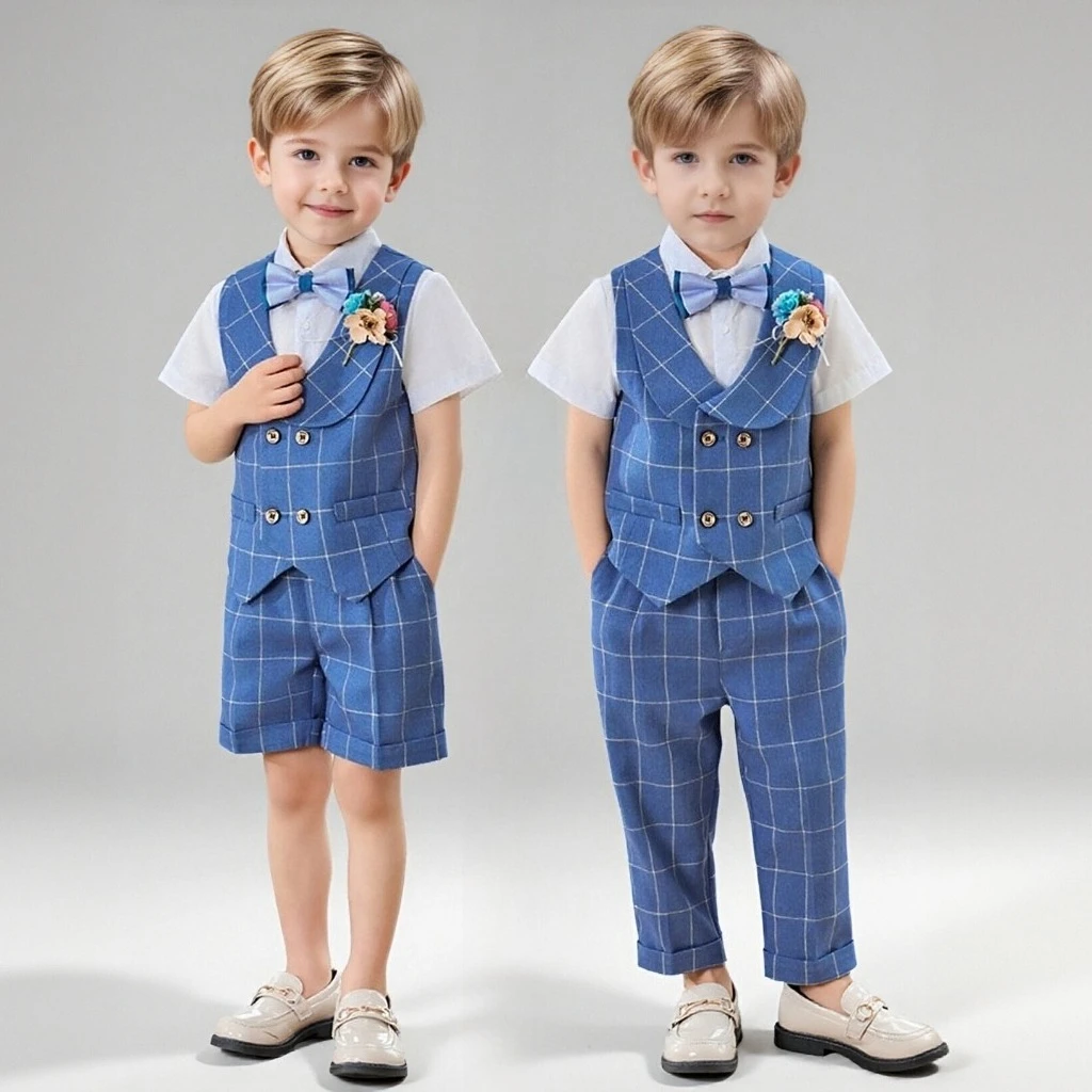 

Детский клетчатый жилет, костюм, комплект в британском стиле, формальный блейзер, брюки, элегантный свадебный смокинг с цветочным узором для мальчиков, детский костюм на первый день рождения
