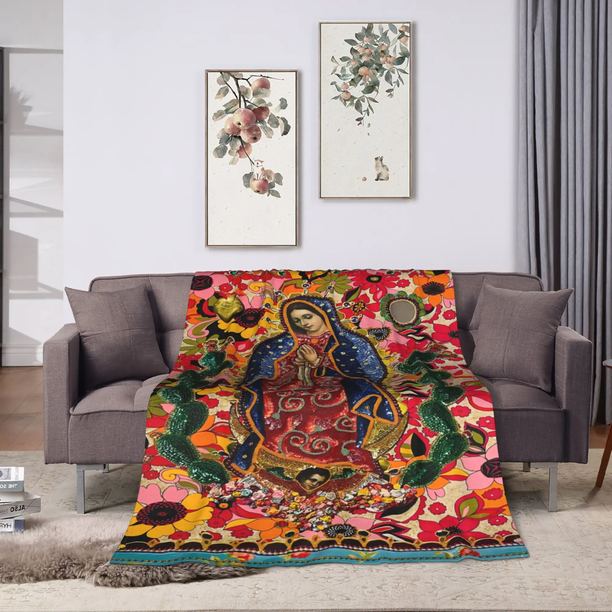 Virgin Mary Cherubs Rose Blankets  Warm Street Trend Plush Throw Blanket For Outdoor Decorative Flannel Bedspread Bed Cover