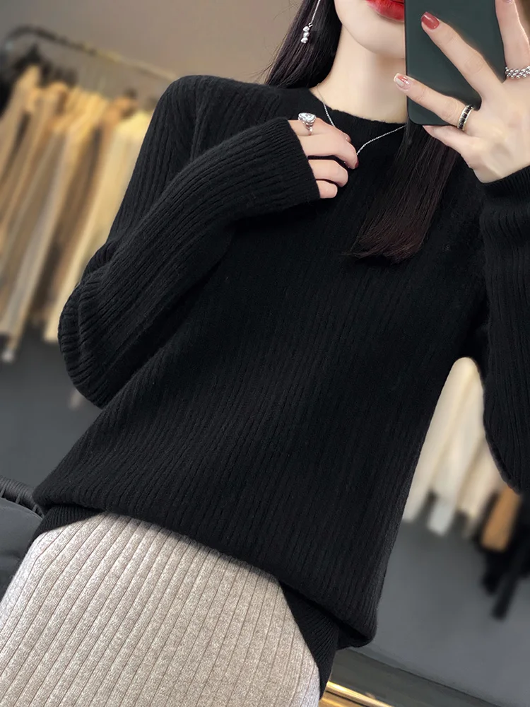 Women's Pullovers O-Neck Striped Sweater 100% Merino Wool Knitwear Autumn Winter Soft Casual Loose Basics Thick Tops