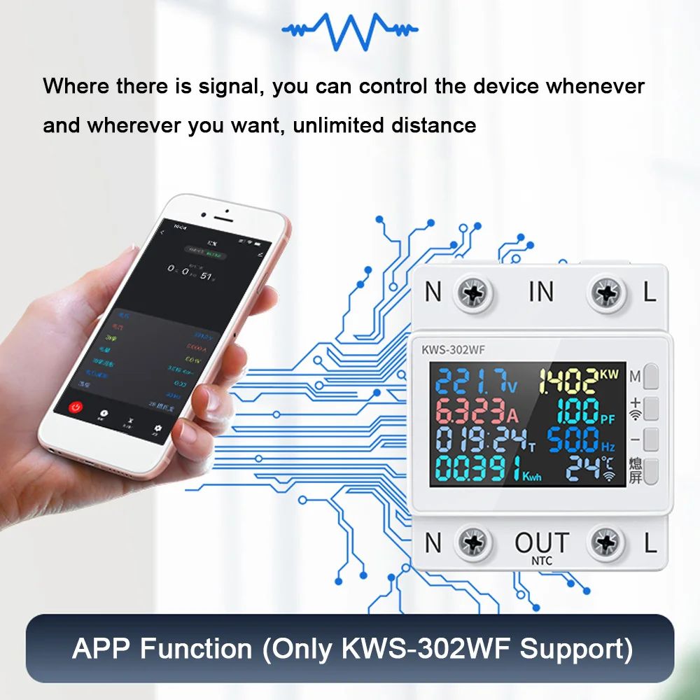 Tuya WiFi 8 w 1 miernik mocy 2P wielofunkcyjny AC licznik energii kolorowy wyświetlacz kontrola aplikacji 170-270V/63A miernik napięcia i prądu