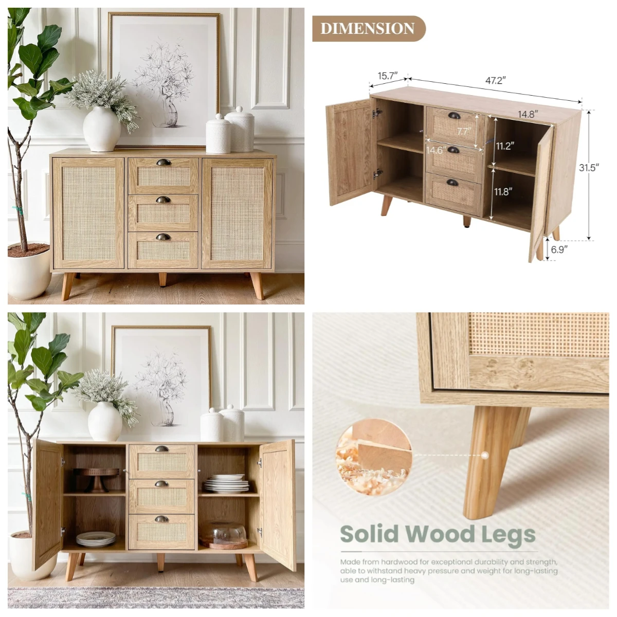 #Rattan Sideboard Buffet Cabinet with Doors & Drawers, Console Storage Table for Living Dining Room, Customized