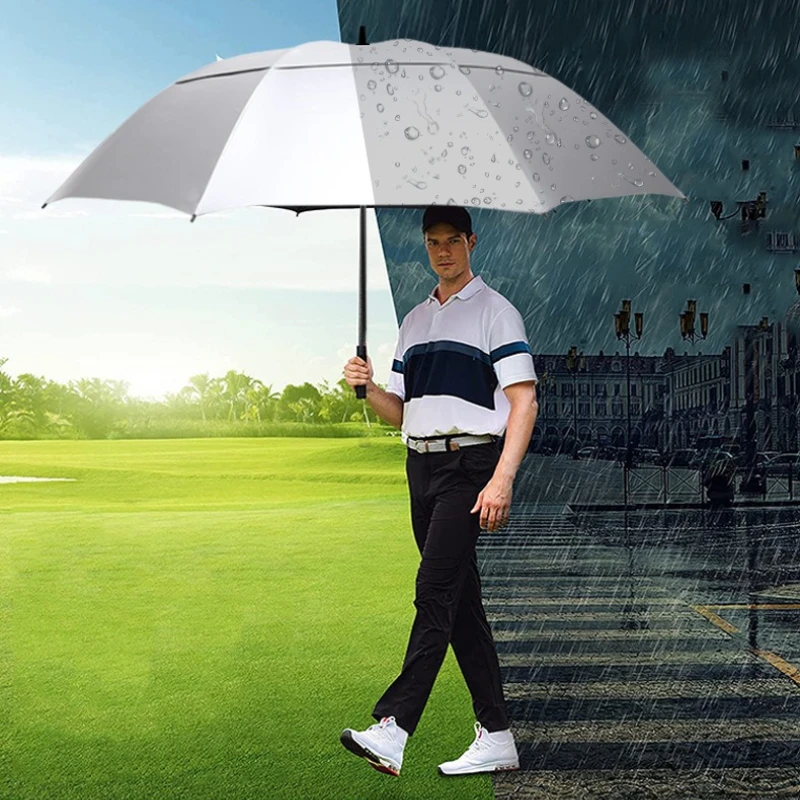 

Auto Large Golf Umbrella 180cm Titanium Silver UV Protection Double Layer Fiber Ribs Windproof No Turn Inside Out for Beach