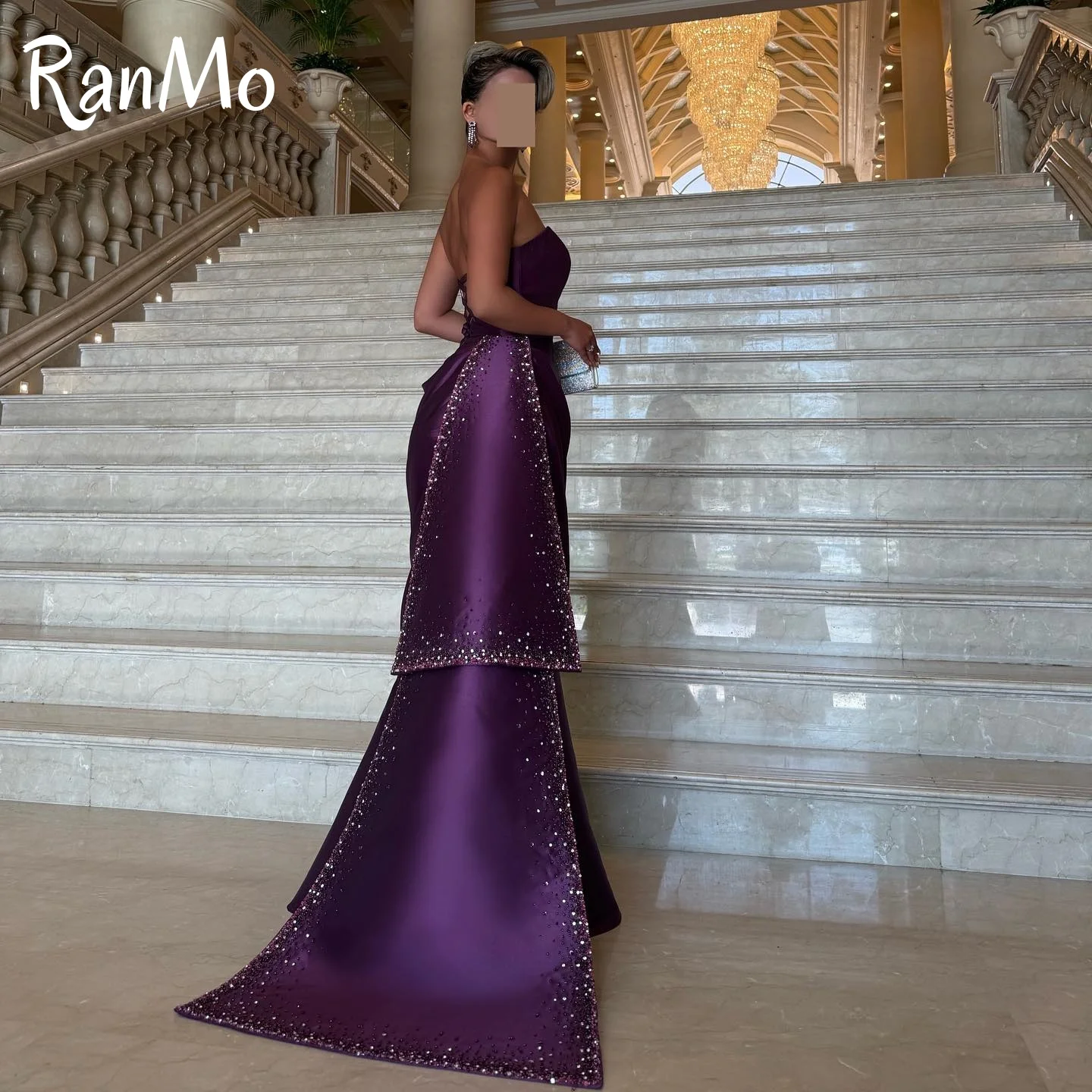 Ranmo Customized Exquisite Strapless Sleeveless Evening Dress High Quality Satin Prom Dresses Delicate Crystal Bridal Party Gown