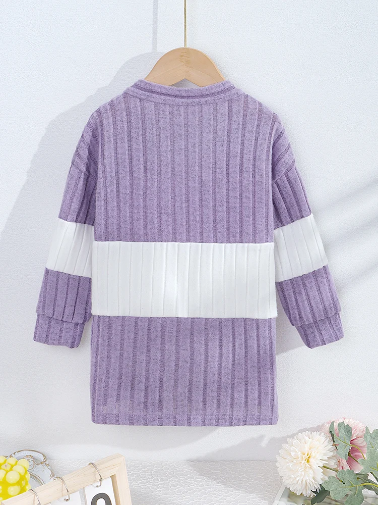 Girls Spring and Autumn Ribbed Contrast Color Splicing Knitted Cardigan Children's Fashionable and Versatile Thin Jacket