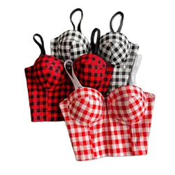 Classic Women Check Tube Top Corset Bustier Girl Sexy Floral Print Push Up Vest Bralet Lady Bra Cropped Tops Club Party Lingerie