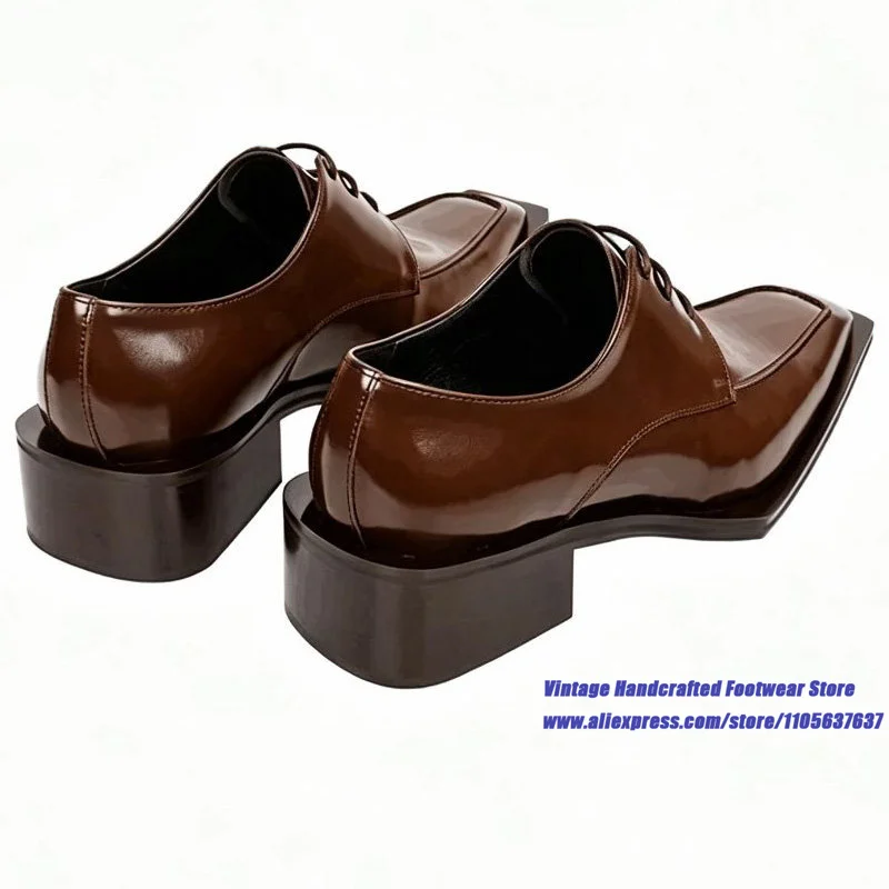 Men's Brown/black/white Patent Leather Derby Shoes Square Toe Lace-Up Casual Party Dress Shoes ﻿Vintage Handcrafted Men's Shoes