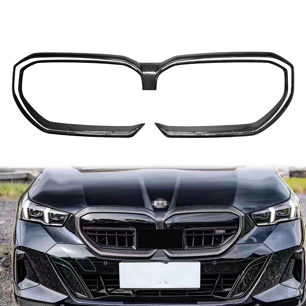 For BMW 5 Series G60 2024up Real Carbon Fiber Car Front Grille Cover Trim Molding Insert Garnish Protector Add on type