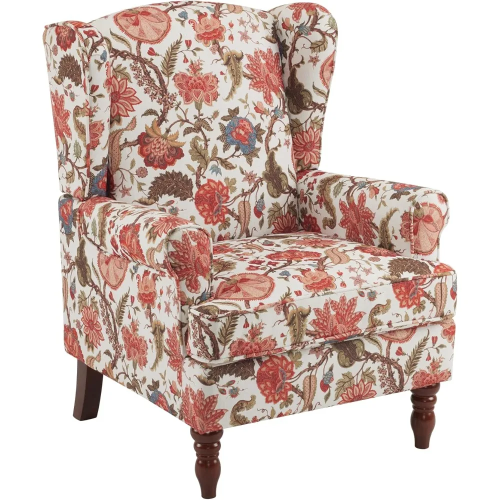 Floral Accent Chair, High Back Upholstered Armchair with Solid Legs, Leisure Single Sofa for Living Room, Bedroom, Home Office