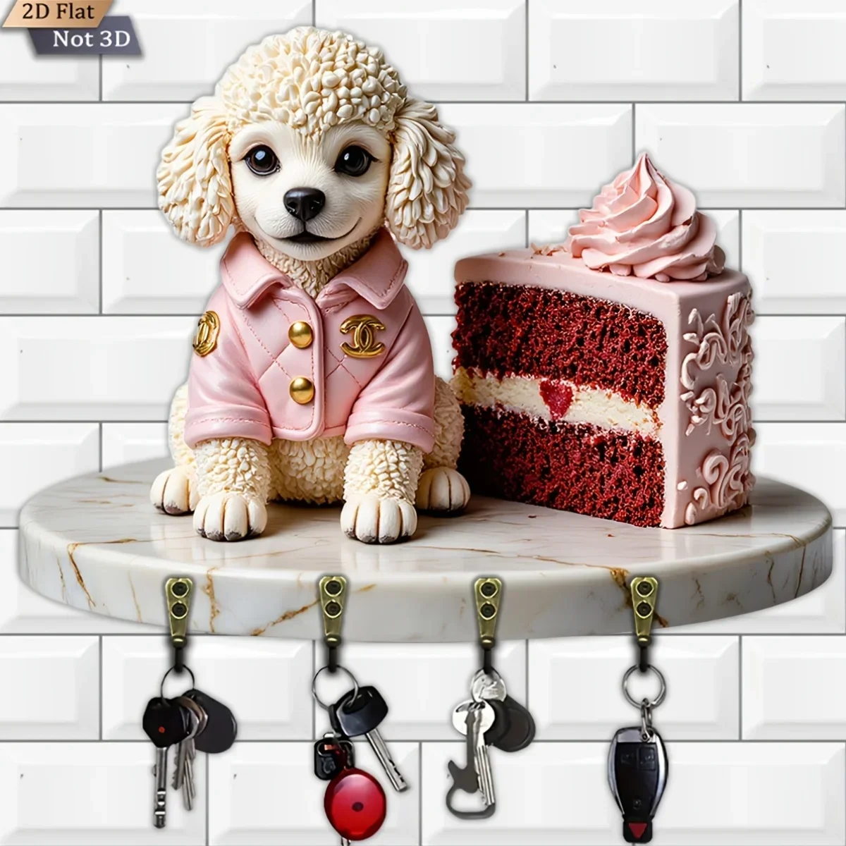2D Flat, 1pc, Poodle And Cake Themed Key Hook, Wooden Multi-Functional Home Key Rack, with Four Metal Hooks, Wall Decoration,