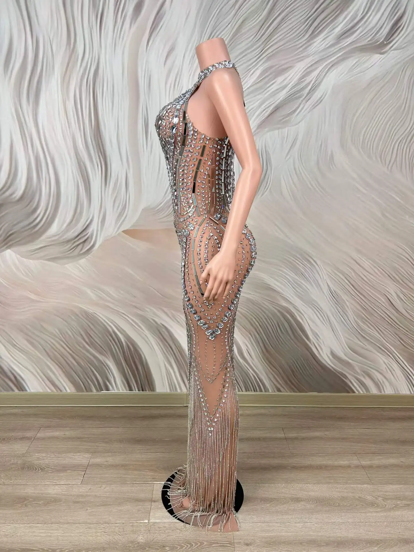 Women Silver Rhinestone Halter Cutout Mermaid Maxi Dress Tassel Mesh Gowns Birthday Evening Wedding Performance Stage Wear view 3