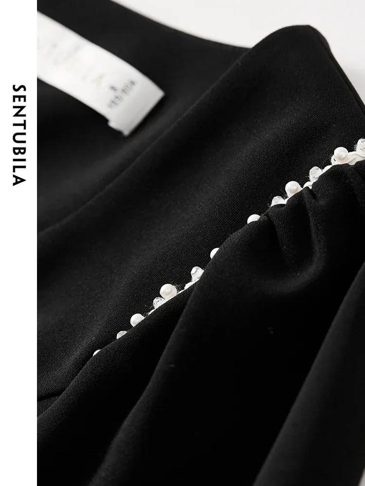 SENTUBILA French A Line Black Dress for Women 2024 Autumn Pearl Woven Tape Folds Long Sleeve Elegant Women Dress 143L56684