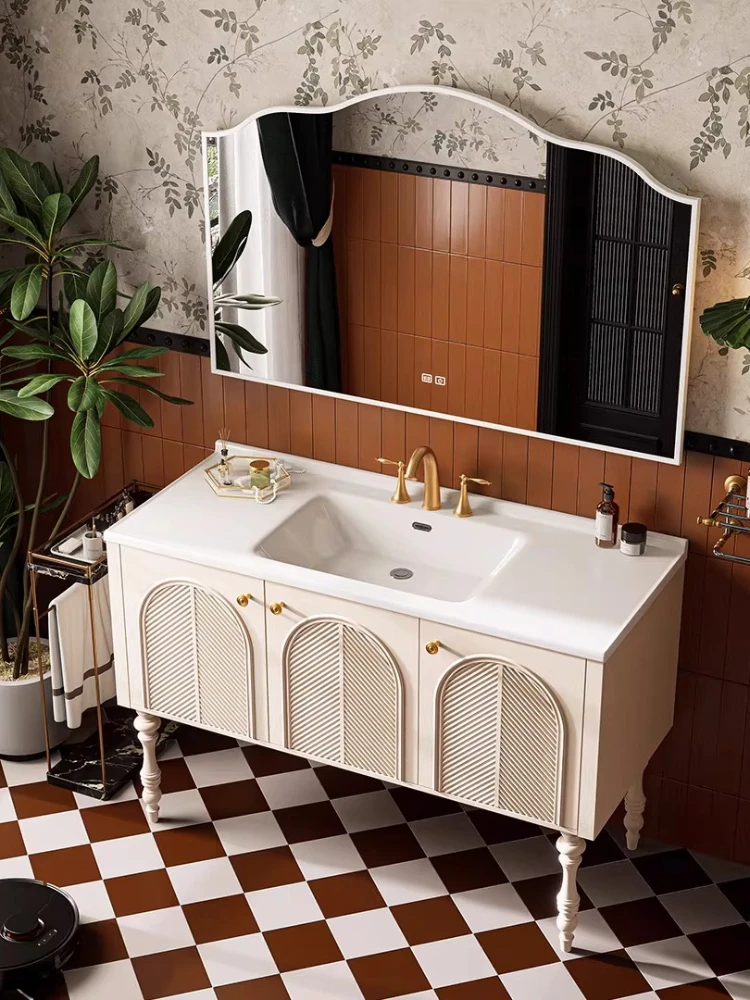 French rubber wood bathroom cabinet combination bathroom rock slab hot bending integrated washing table floor type