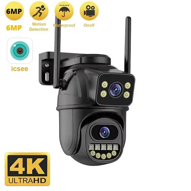 6MP HD Wifi PTZ Camera Outdoor 360° View Dual Screen CCTV 5X Zoom Security Protection Surveillance Camera ICsee Video Cam Onvif