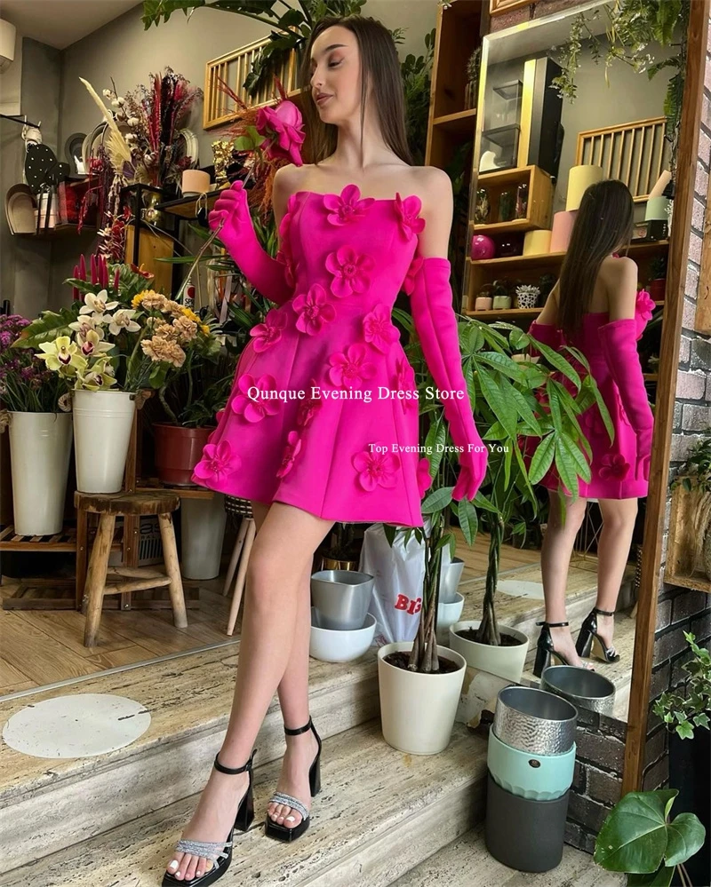 Qunque Mini Fuchsia Cocktail Dress Vestidos De Fiesta Luxury Flowers Sleeveless Beach Party Dresses Homecoming Gowns Customized