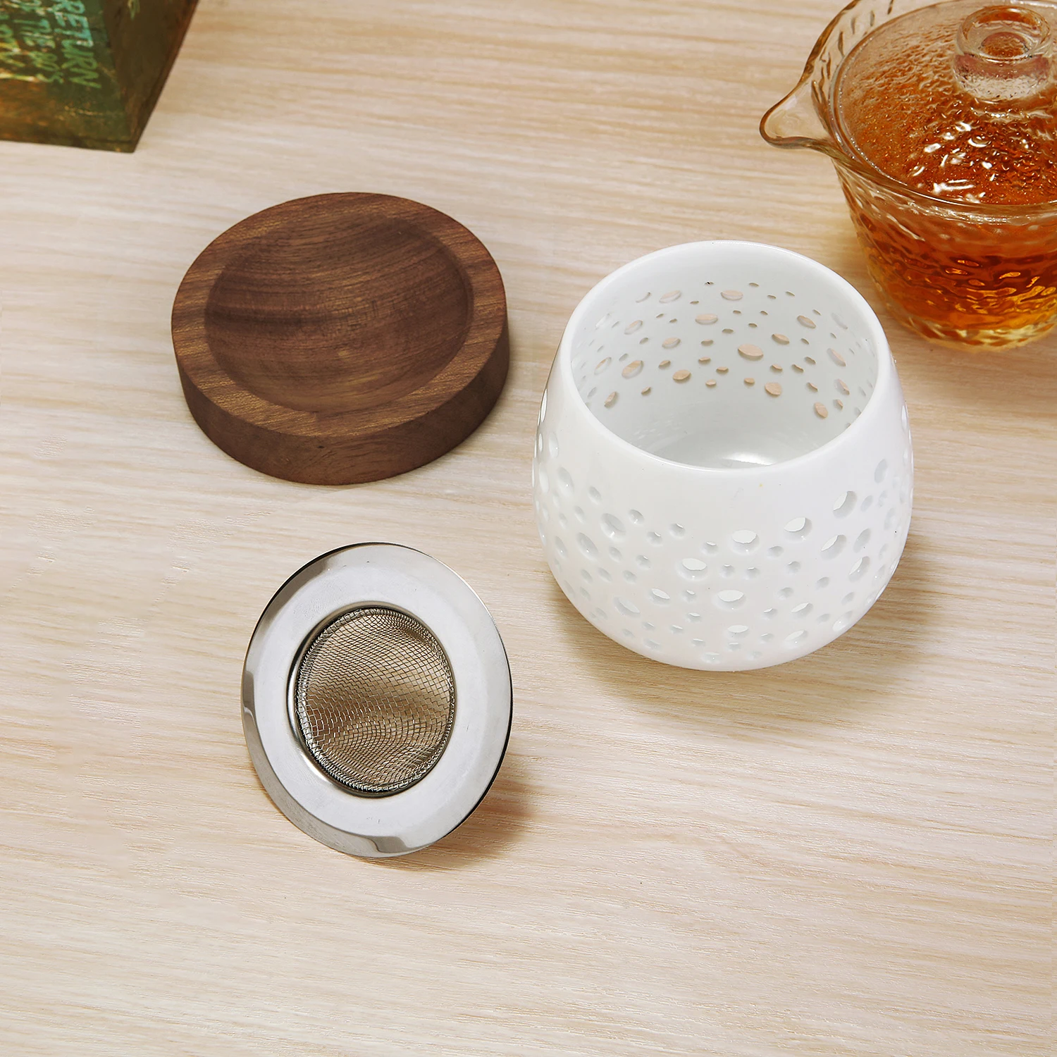 Keramik-Kerzenhalter, Aromatherapie-Heizhalter für Kräuter, Aromatherapie-Räuchergefäß mit Holzsockel für Yoga SPA – Detail 6