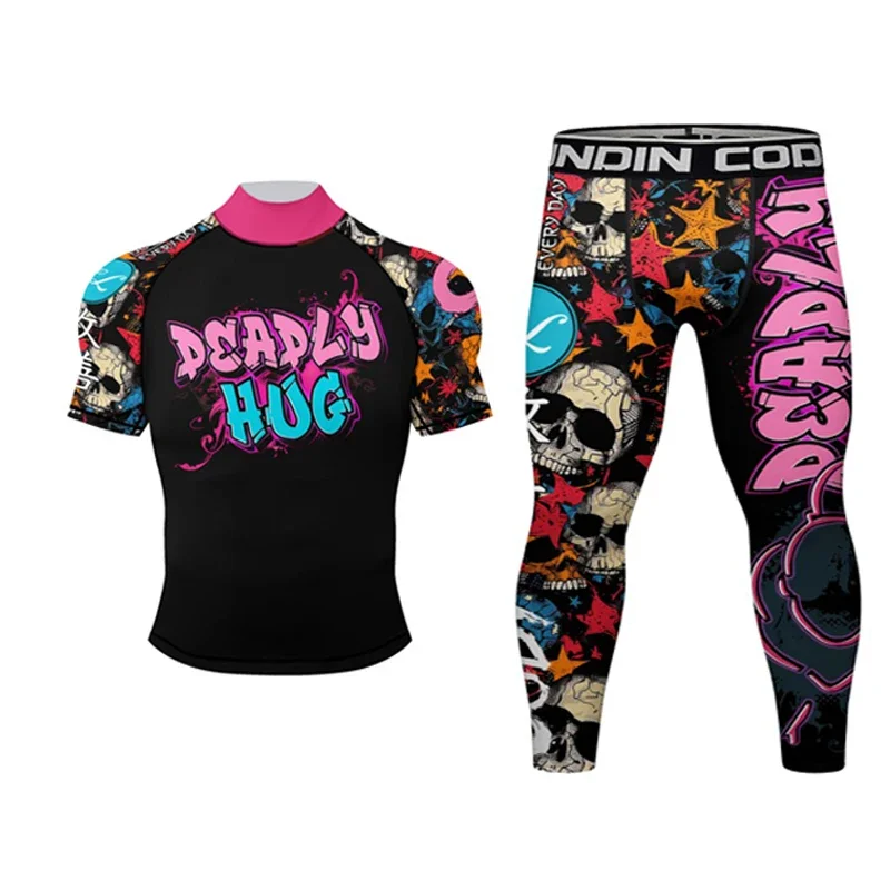 New Skull MMA Compression Rashguard T-Shirt+Shorts Set Bjj Rash guards Jiu Jitsu Shirts Muay Thai Workout Boxing Clothing Suit