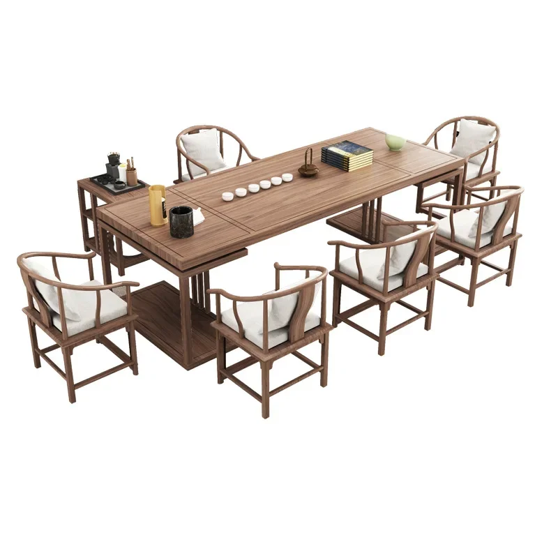 

New Chinese log large board art tea table and chair combination kung fu integration zen solid wood tea table coffee balcony