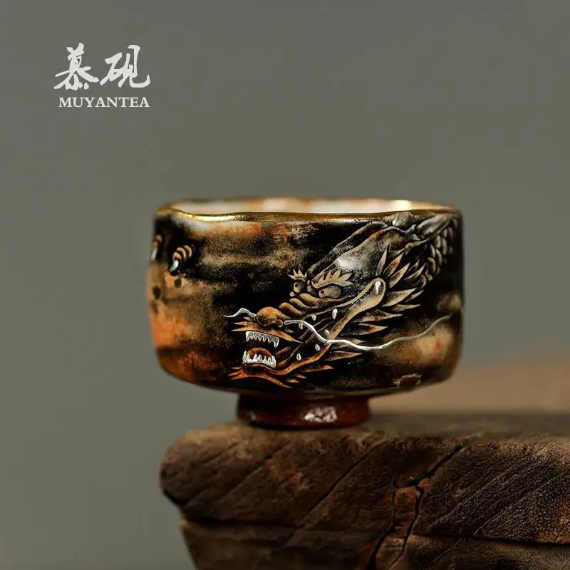 

Mu Yan's Wood-Fired Hand-Painted Master He Ni Zhiyong Mo Long Cup, Vintage Kung Fu Set, Single Cup For Personal Tea Tasting
