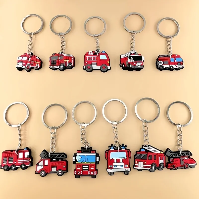 10Pcs Fire Truck Keychains, Firefighter Keyring Set for Birthday Party Favors Gifts Decorations