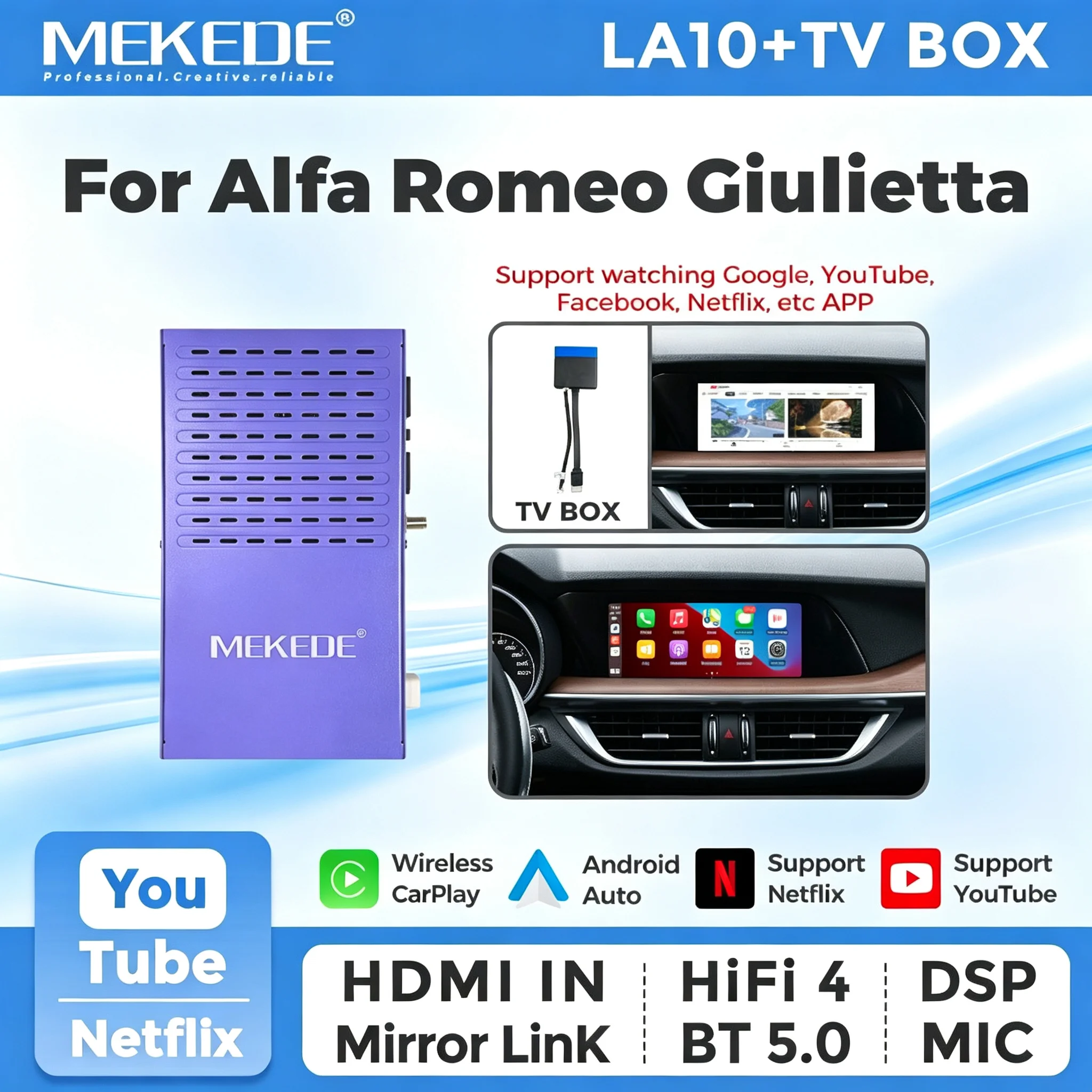 MEKEDE OEM System Decoder Box Drahtloses Carplay Android Auto Modul für Alfa Romeo 2015 - 2019 für Youtube Netflix Mirror Link TV BOX unterstützt Videoplayer, Sprachsteuerung, GPS-Navigation,