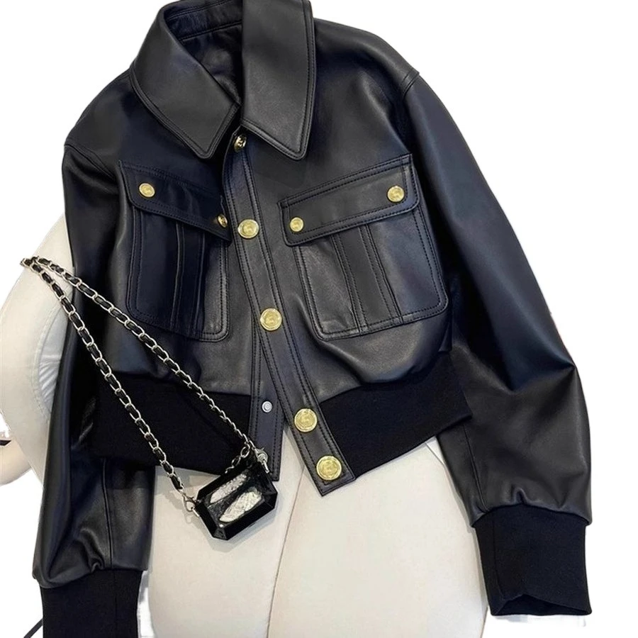 Fashionable Design Sense Black Lapel Pu Leather Short Jacket for Women 2025 Spring and Autumn Motorcycle Jacket Top Cool Jacket