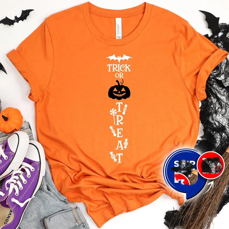 

Vintage Halloween Women T Shirts Cotton Trick or Treat Funny Graphic Tee Harajuku Thanksgiving T-shirt Witch Tees Dropshipping