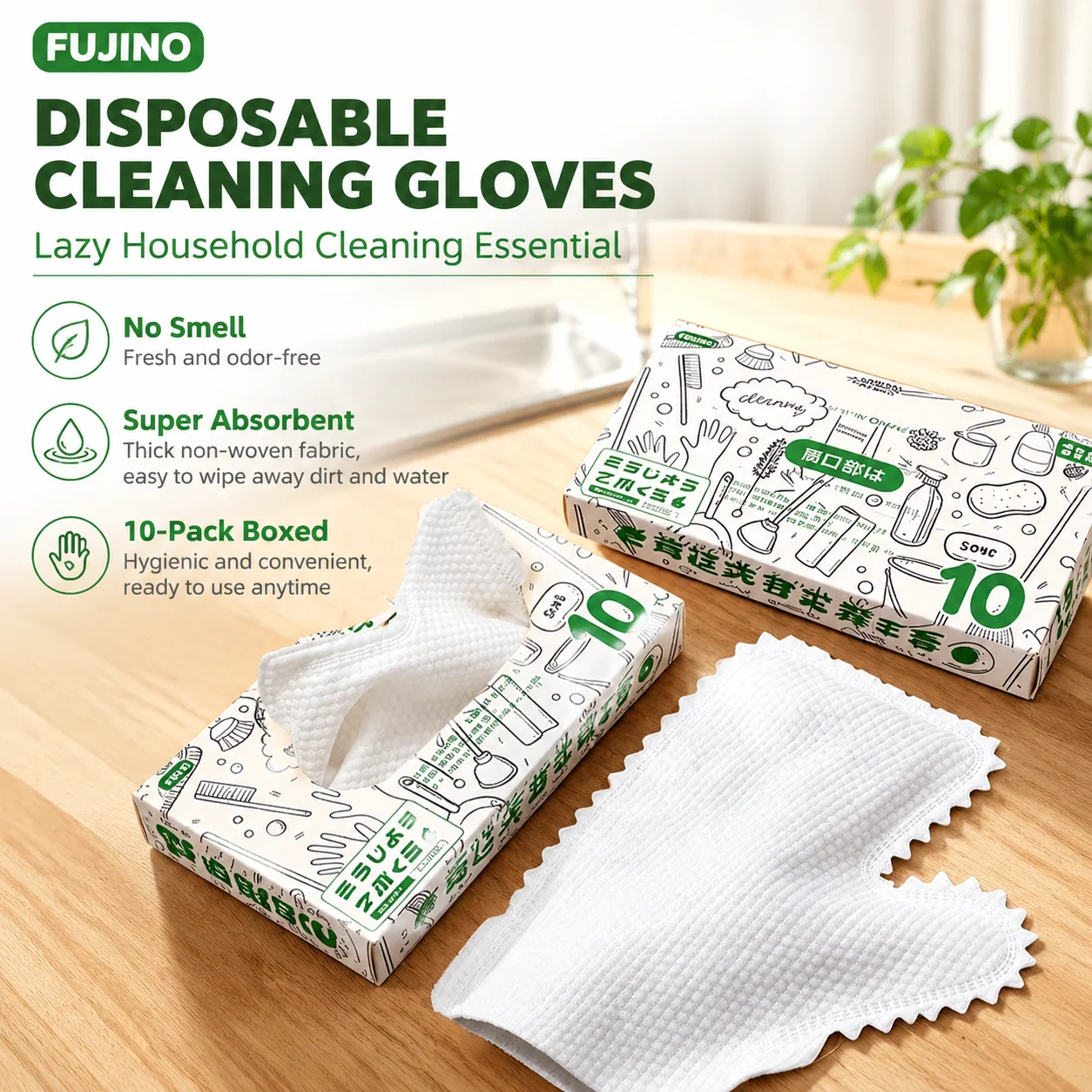 FUJINO Disposable Non-Woven Cleaning Gloves, Lazy Household Cleaning Essential, 10-Pack Boxed, No Smell, Super Absorbent &