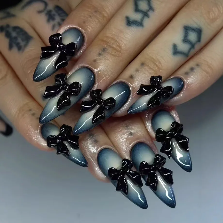 

24pcs Black Bow Design Fake Nail Tips Gradient Blue Long Almond Press on Nail Wearable Detachable Spicy Girls False Nails