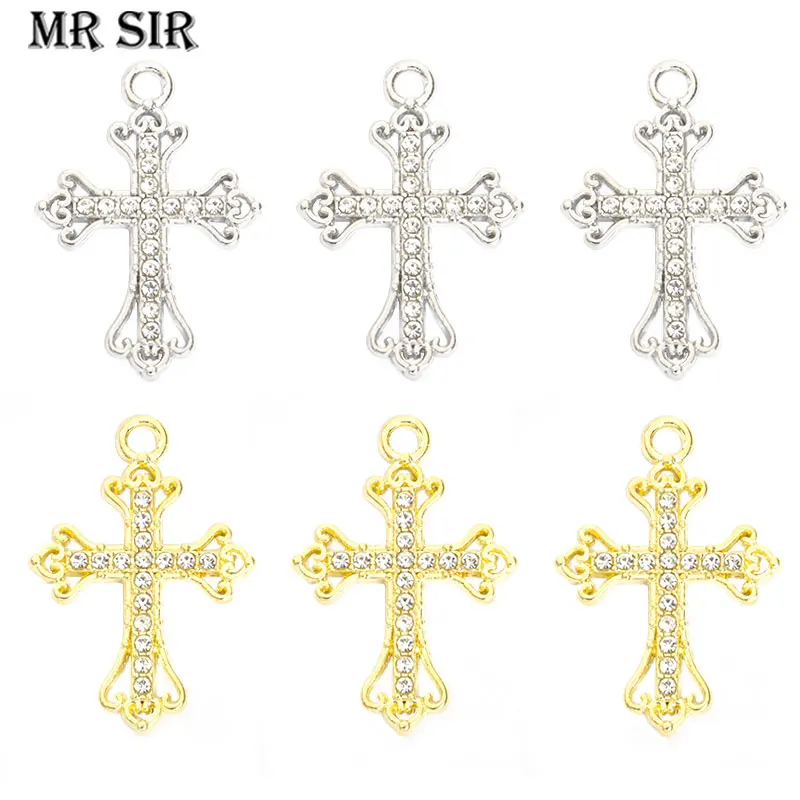 10pcs Religious Fashion Crystal Cross Charms Rhinestones Jesus Christian Crucifix Pendant Necklace Earring Keychain Diy Jewelry